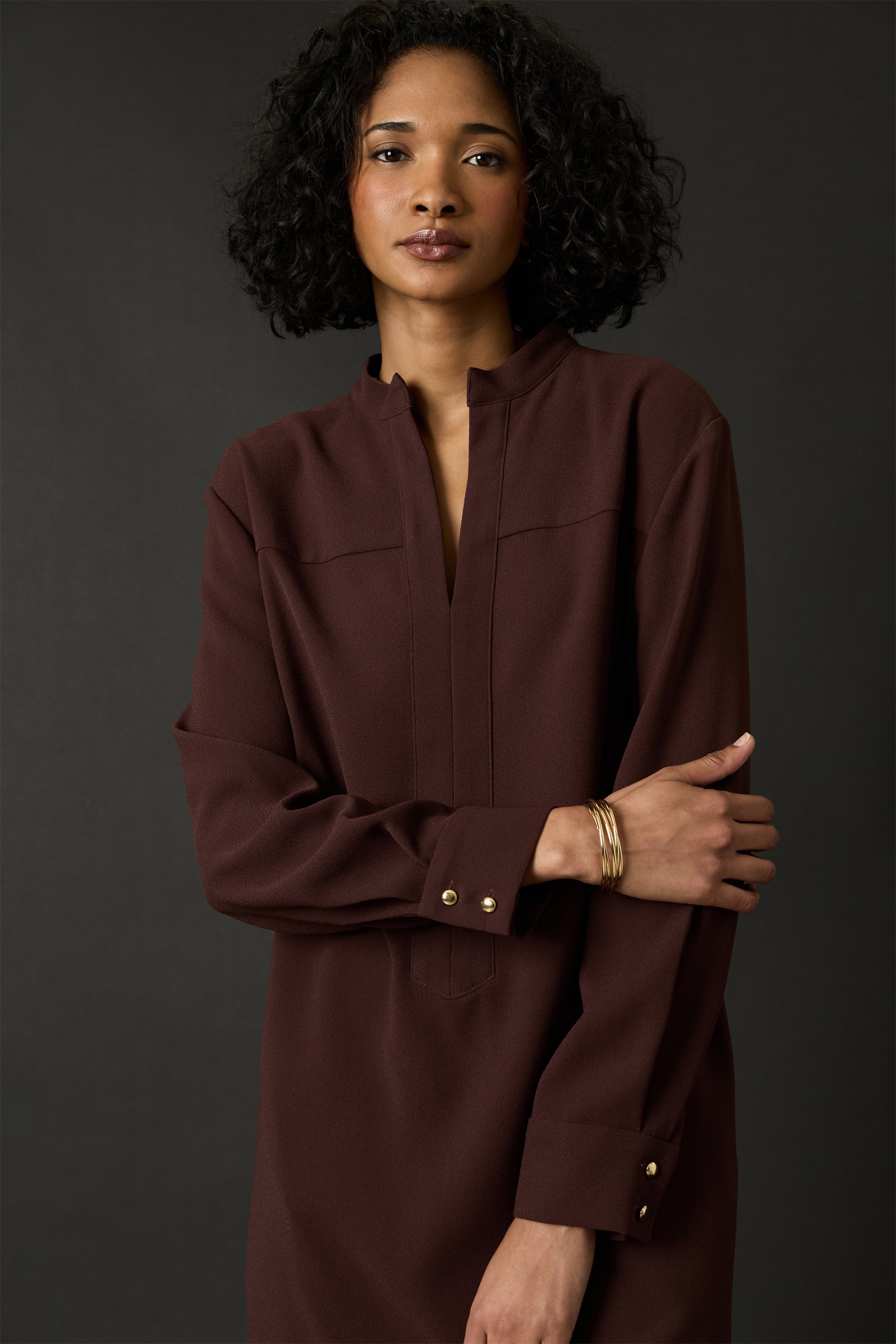 Long Sleeve A-Line Shirt Dress French Roa  - Maggy London