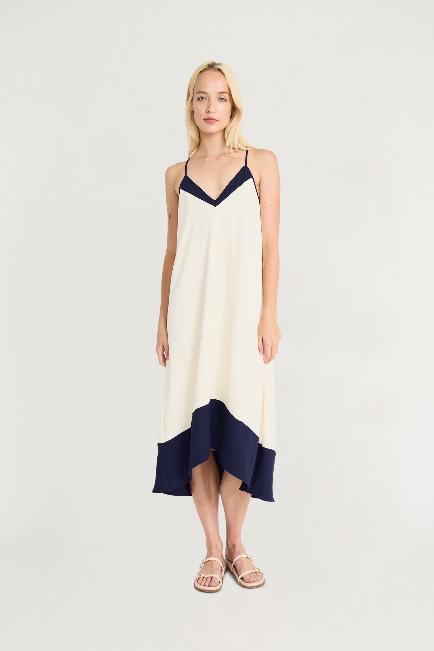 V-Neck Midi Dress Cream / Navy - Maggy London