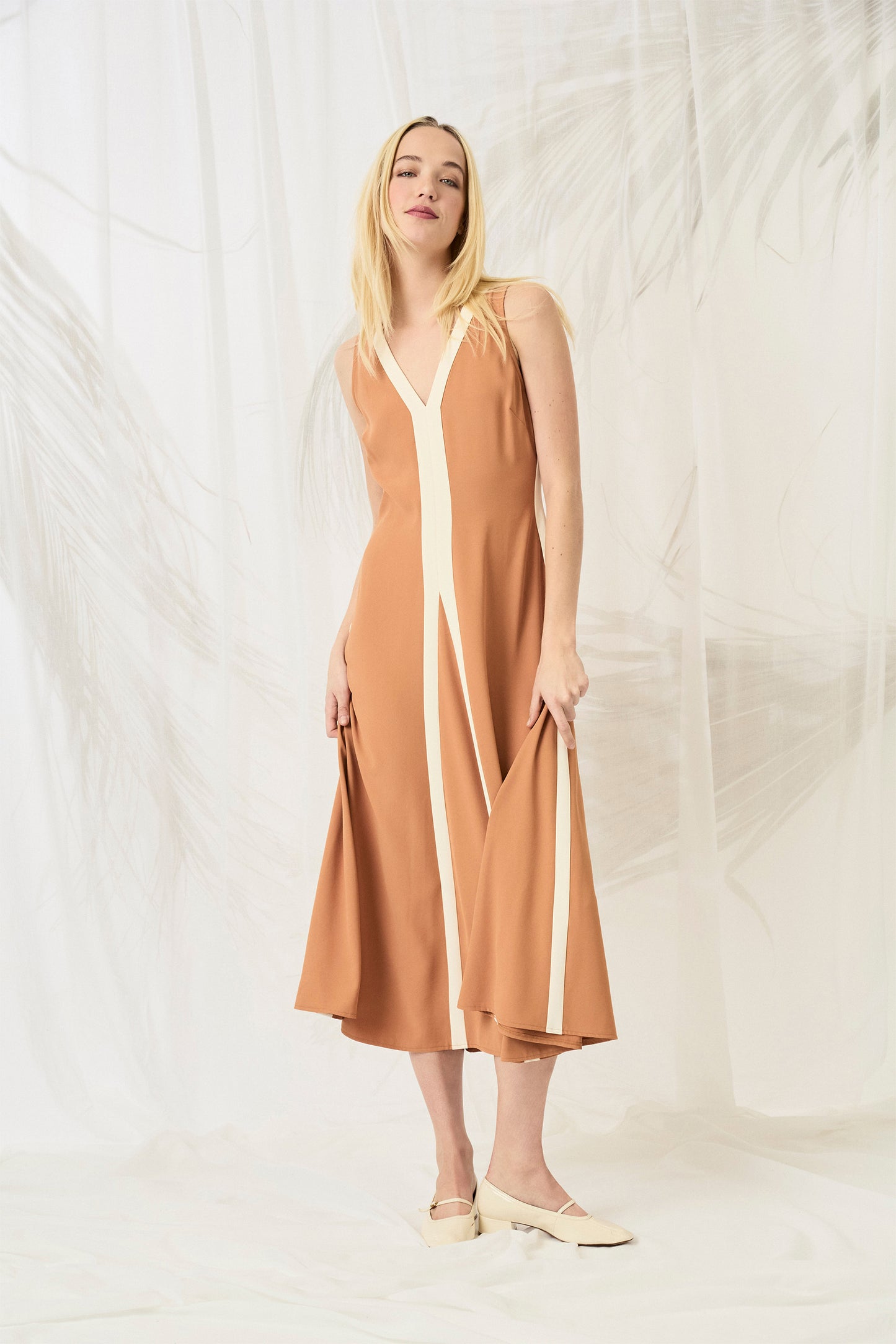 V-Neck Midi Dress Copper/White  - Maggy London