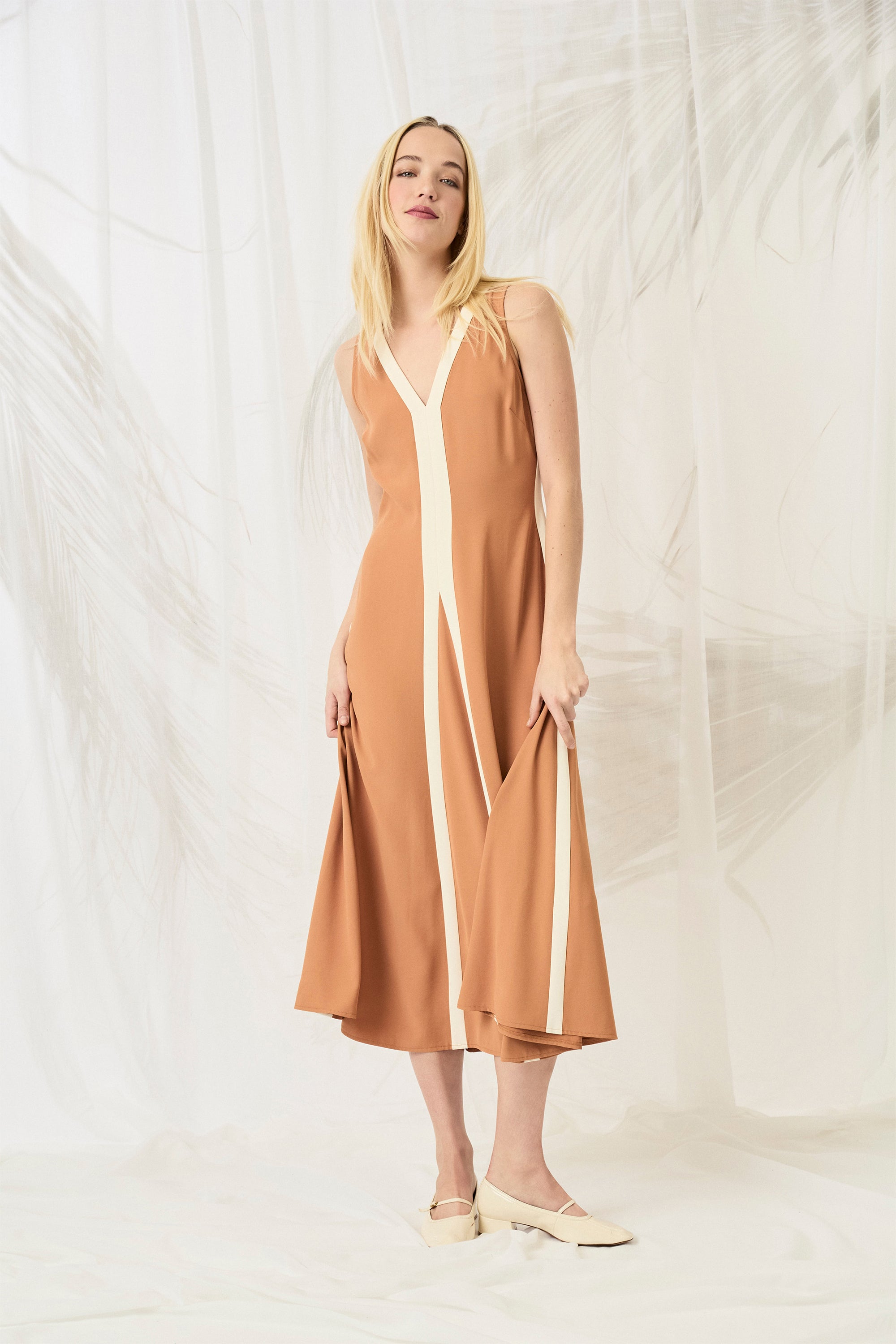 V-Neck Midi Dress Copper/White  - Maggy London