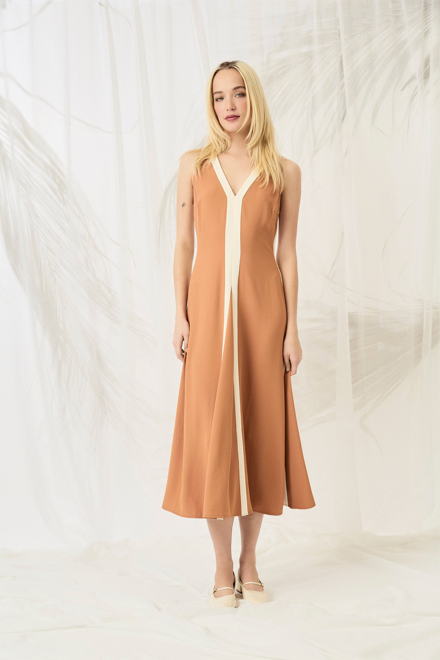 V-Neck Midi Dress Copper/White  - Maggy London