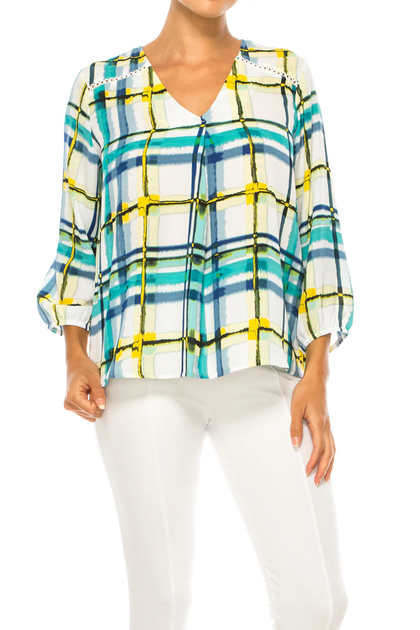3/4 Sleeve Multi Print Top Bright White/Habanero Gold - Zac & Rachel