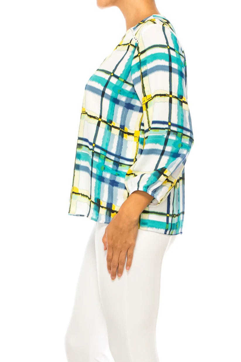 3/4 Sleeve Multi Print Top Bright White/Habanero Gold - Zac & Rachel