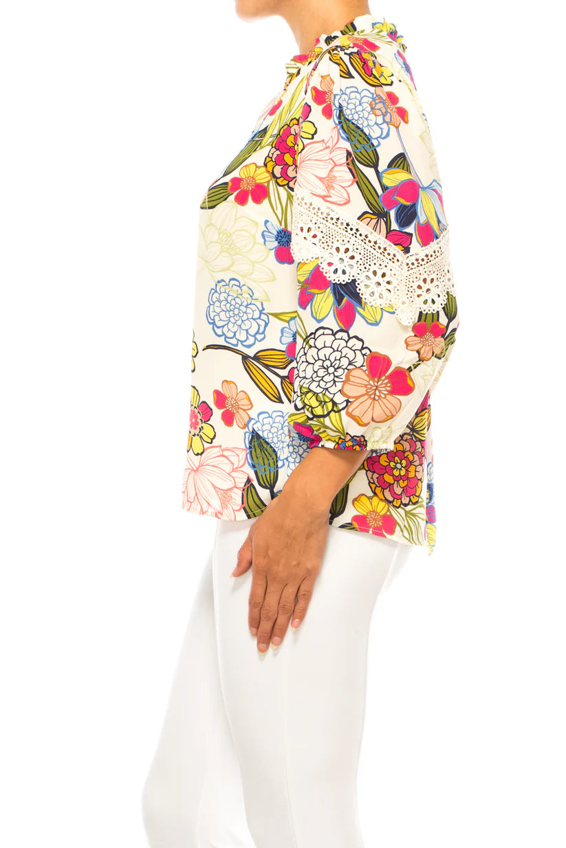 3/4 Multi Print Swing Top Ecru/Rose Multi  - Zac & Rachel