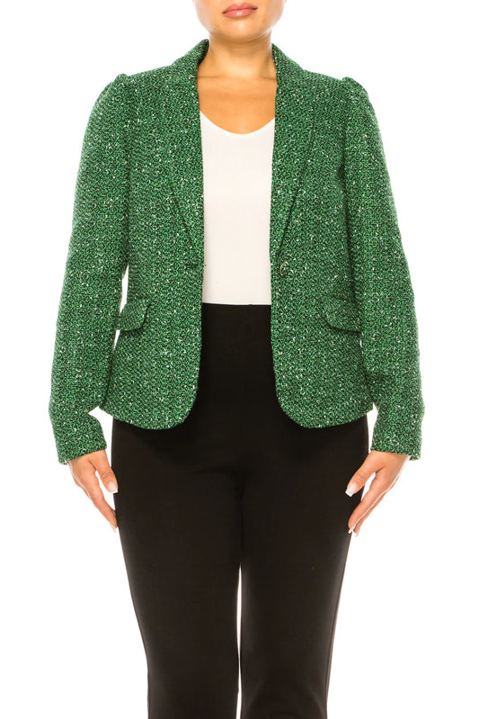Single-Button Tweed Blazer Jacket Green/Black  - Zac & Rachel