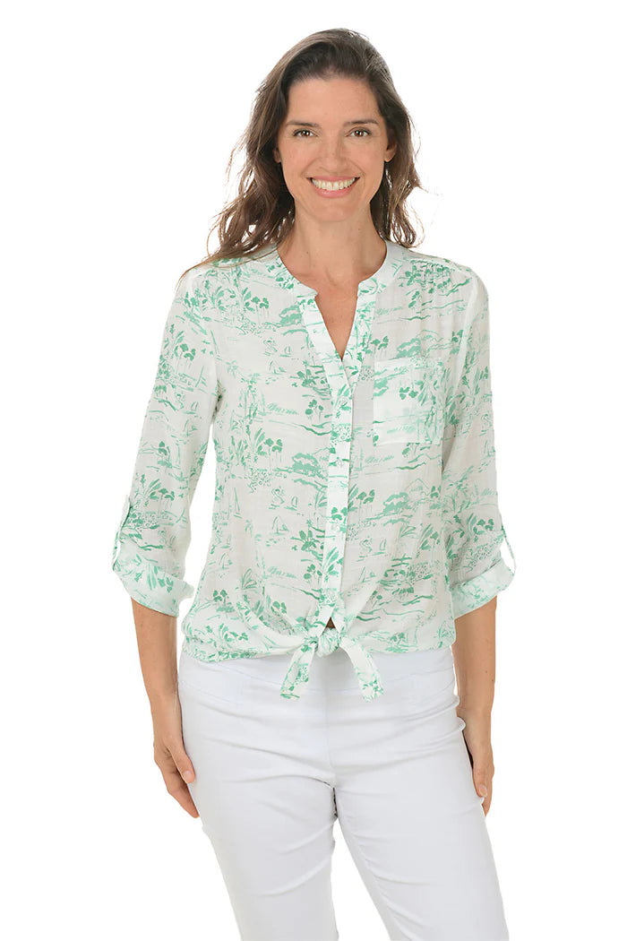 Coconut Palm Button-Front Blouse Bright White/Pepper Green- Zac & Rachel