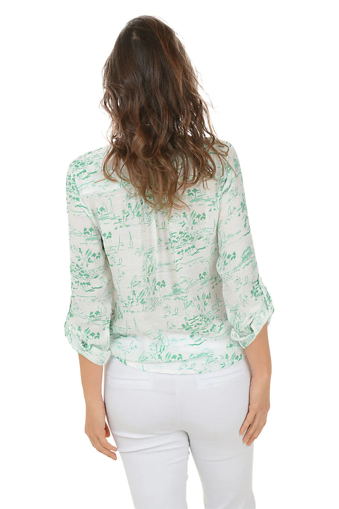Coconut Palm Button-Front Blouse Bright White/Pepper Green- Zac & Rachel
