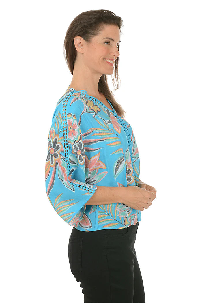 Tropical Diamond Crochet Blouse Vivid Blue/Multi   - Zac & Rachel