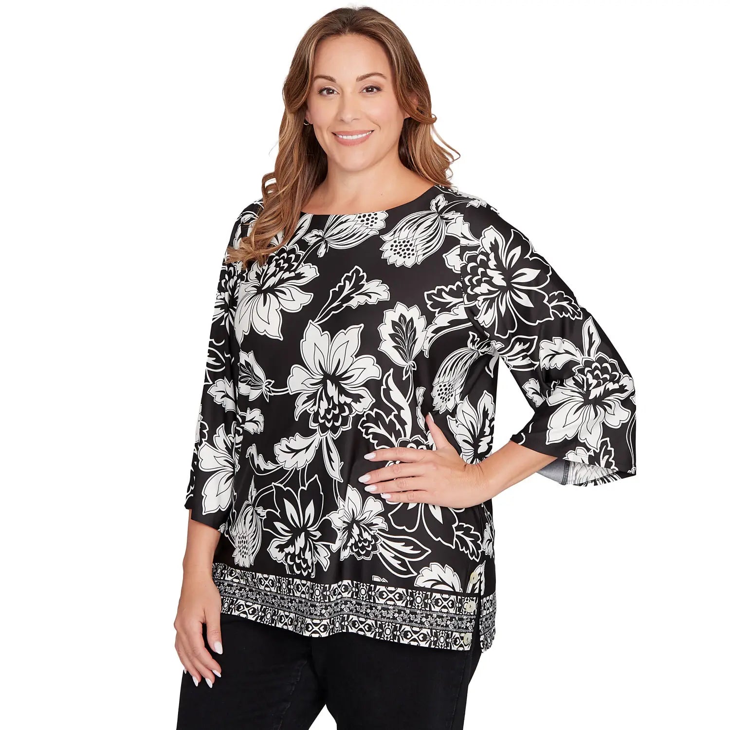 Plus Floral Geo Border Knit Top Black/White    - Ruby Rd