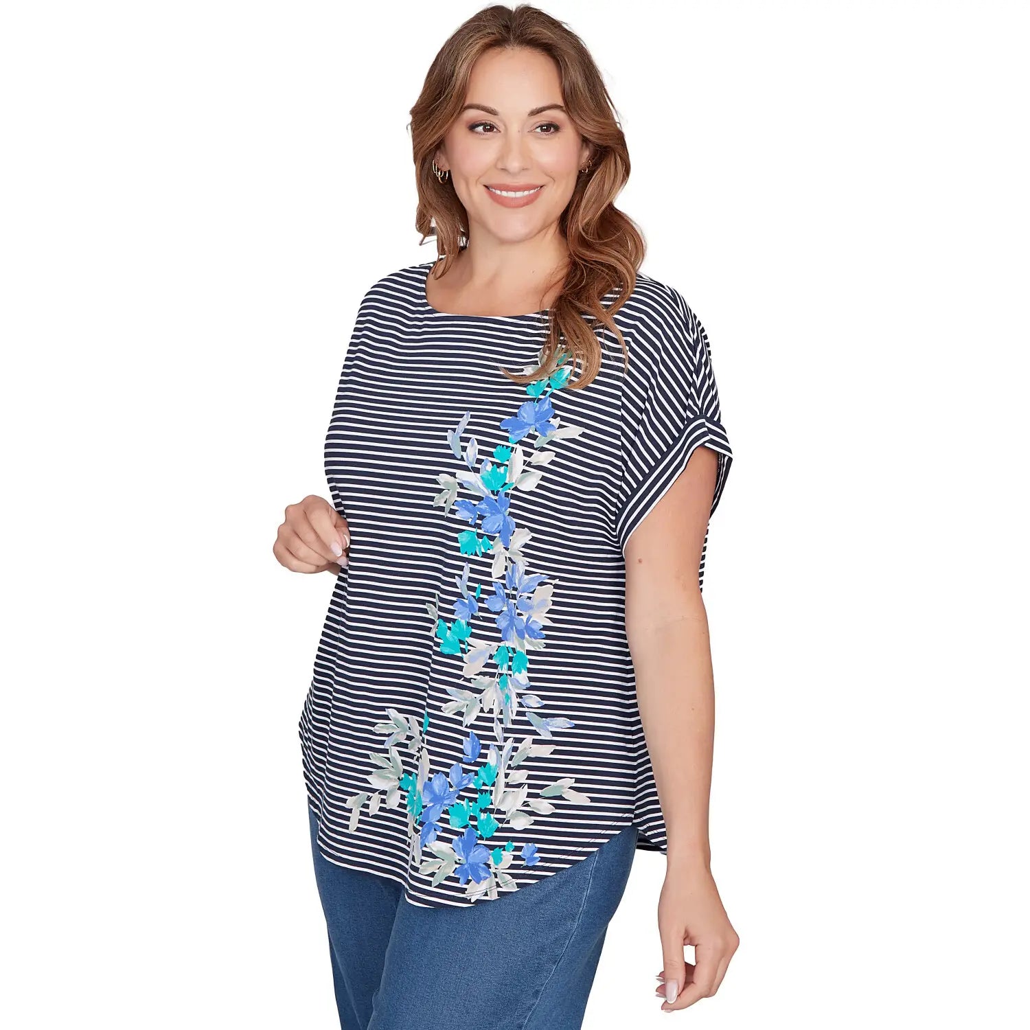 Plus  Floral Stripe Jersey Tee Navy Multi - Ruby Rd