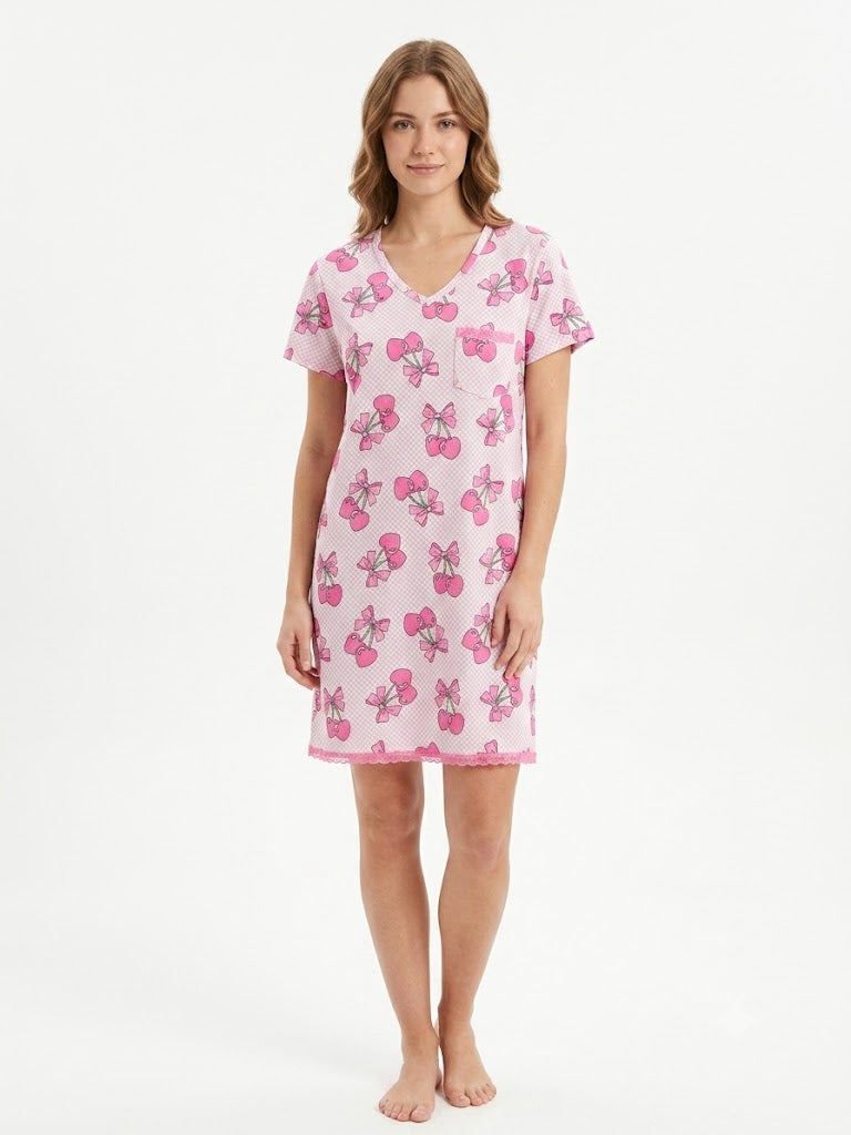 Ladies Ribbed V-Neck Nightgown , Cherry, White/ Bown , Pink