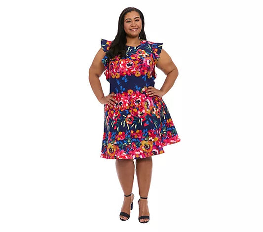 Ruffle Sleeve Floral Print Fit & Flare Dress Navy/Berry  (Plus Size) - London Times