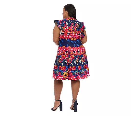 Ruffle Sleeve Floral Print Fit & Flare Dress Navy/Berry  (Plus Size) - London Times