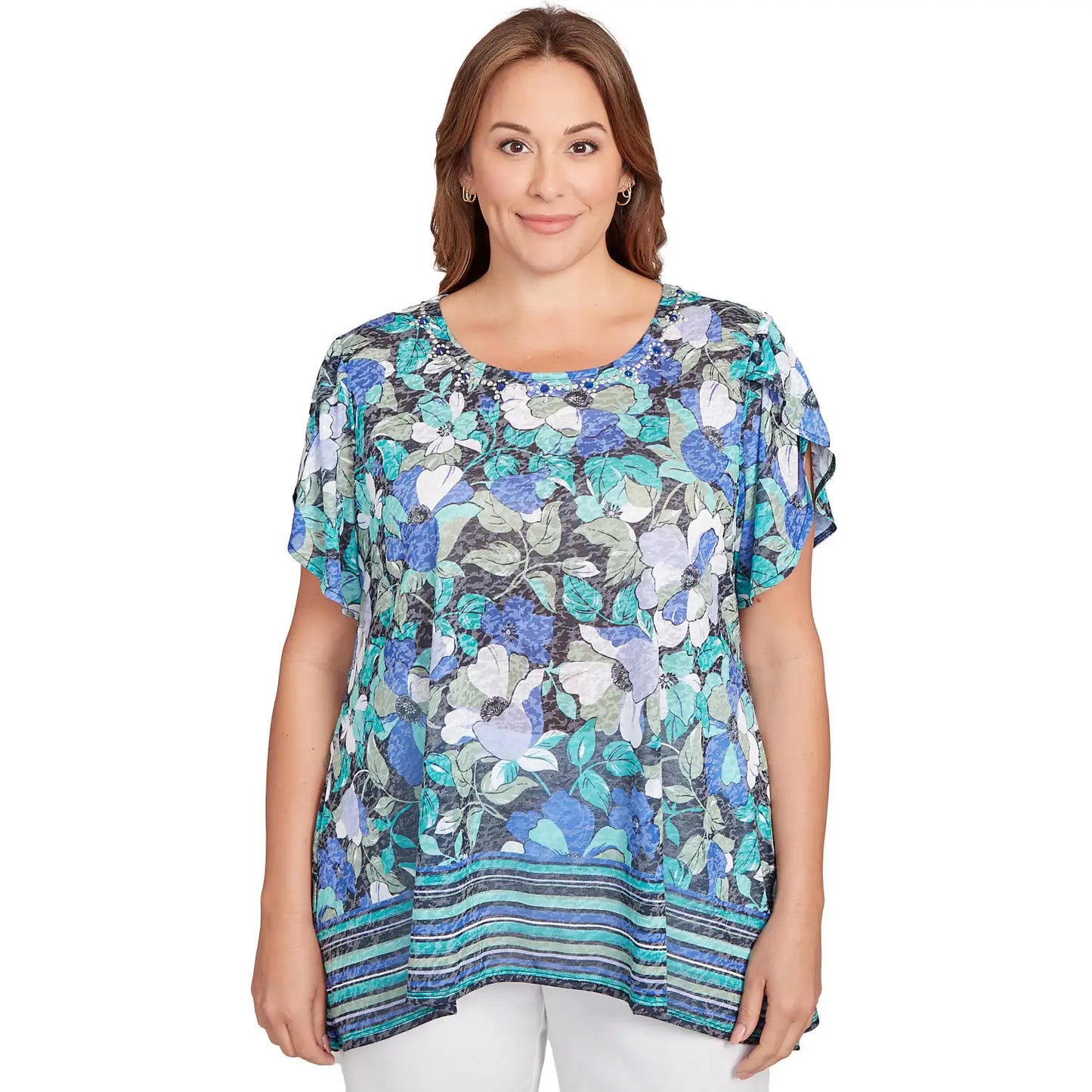 Plus  Floral Striped Border Flutter Sleeve Tee Navy Multi - Ruby Rd