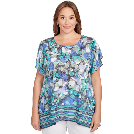 Plus  Floral Striped Border Flutter Sleeve Tee Navy Multi - Ruby Rd
