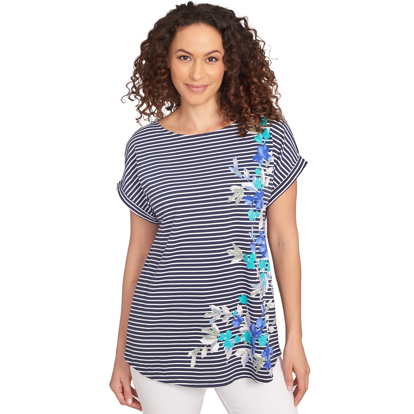 Floral Stripe Jersey Tee Navy Multi  - Ruby Rd
