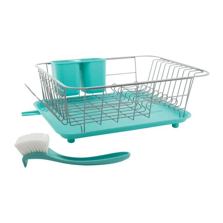 Compact Dish Rack with Frost Sink Brush, Teal