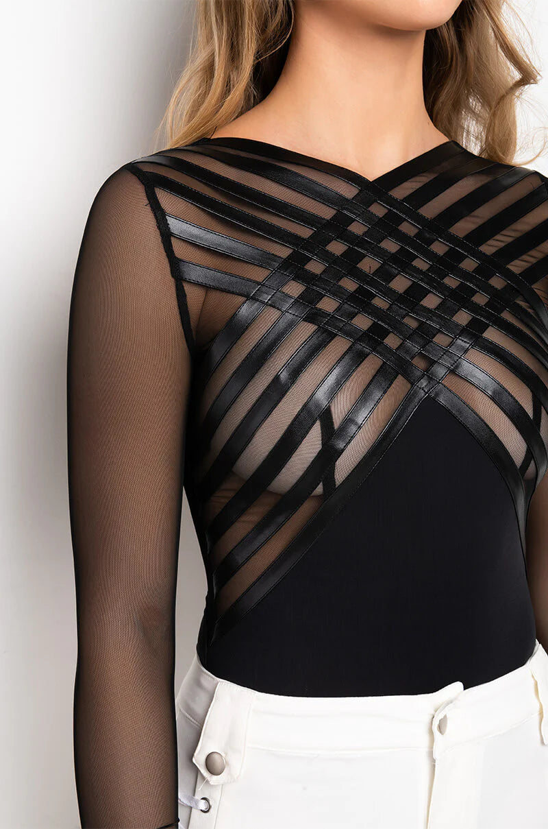 Mesh & Micro Bodysuit w/ Straps Black