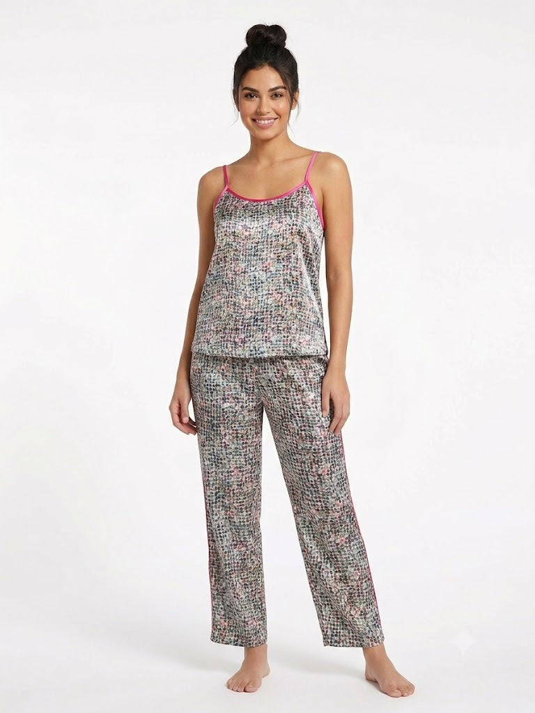 Ladies 2PC Satin Cami / Pants PJ Set Pink Multi