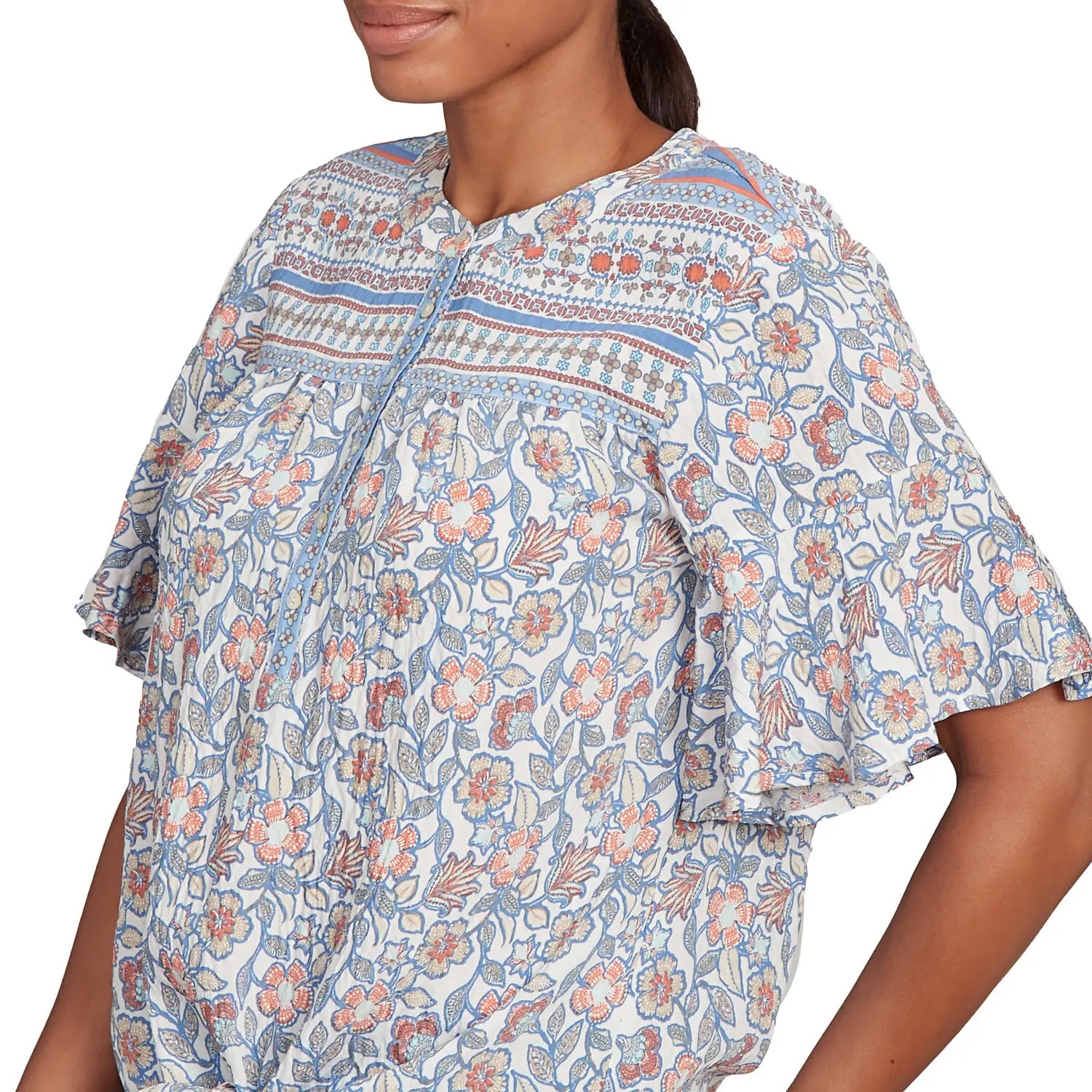 Vintage Floral Tie Front Henley Tee Blueberry - Ruby Rd