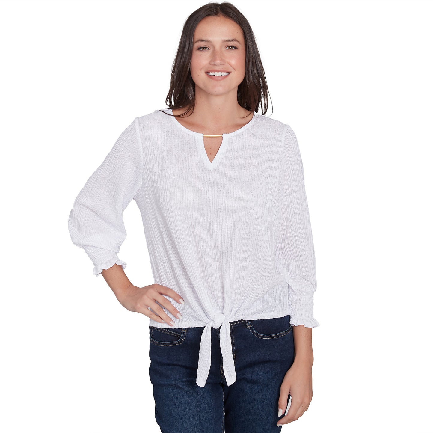 Solid Crinkle Shine Tie Front Top White    - Ruby Rd