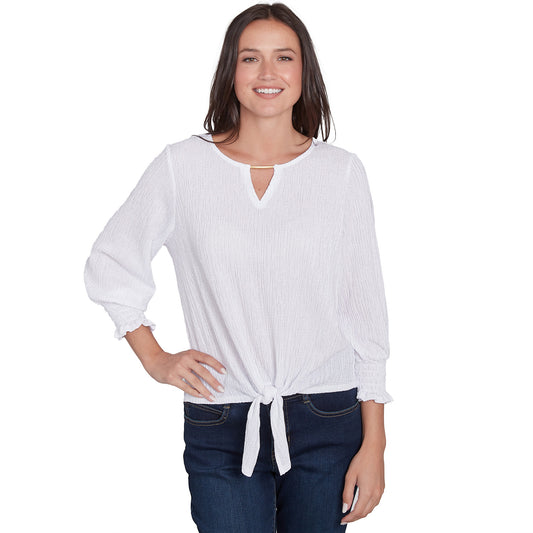 Solid Crinkle Shine Tie Front Top White    - Ruby Rd