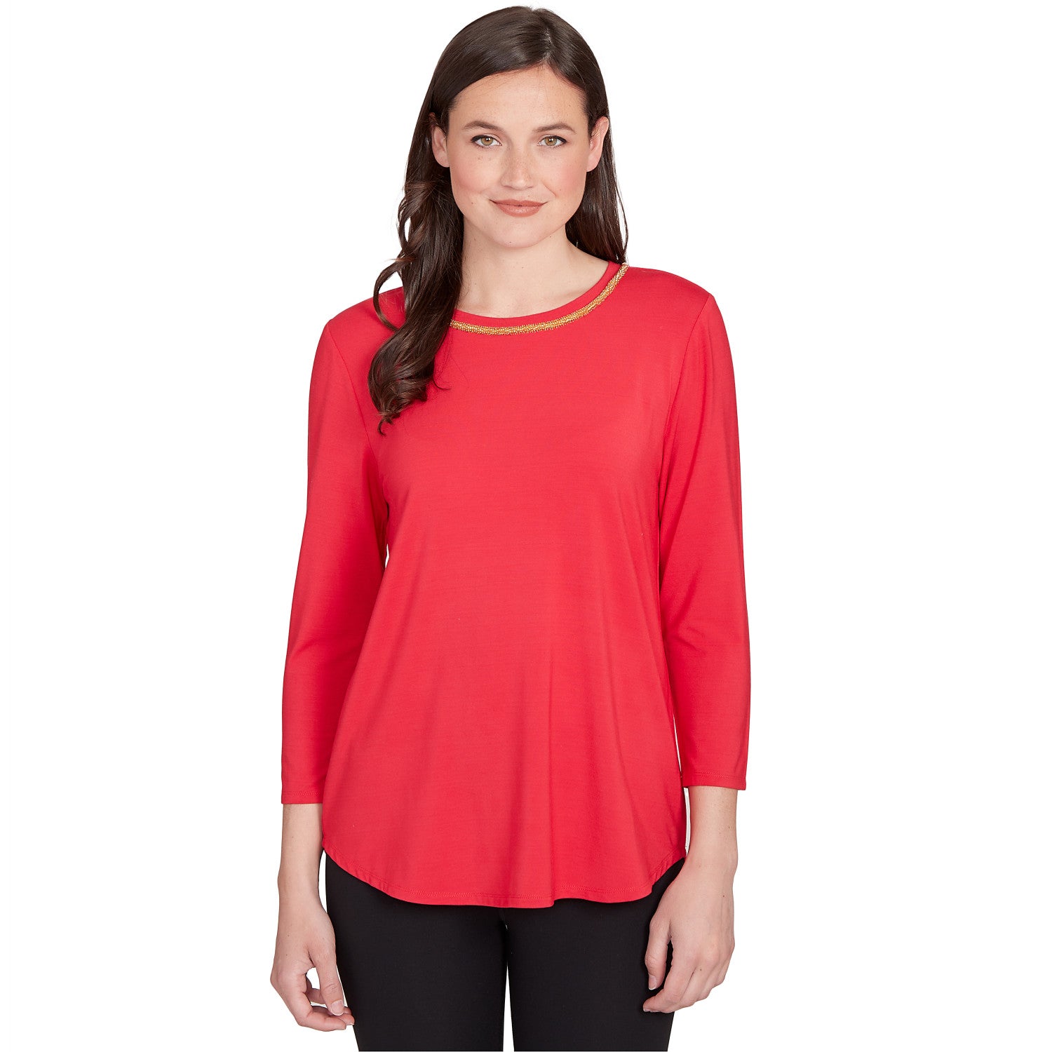 Embellished Scoop Neck Solid Knit Top Cherry - Ruby Rd
