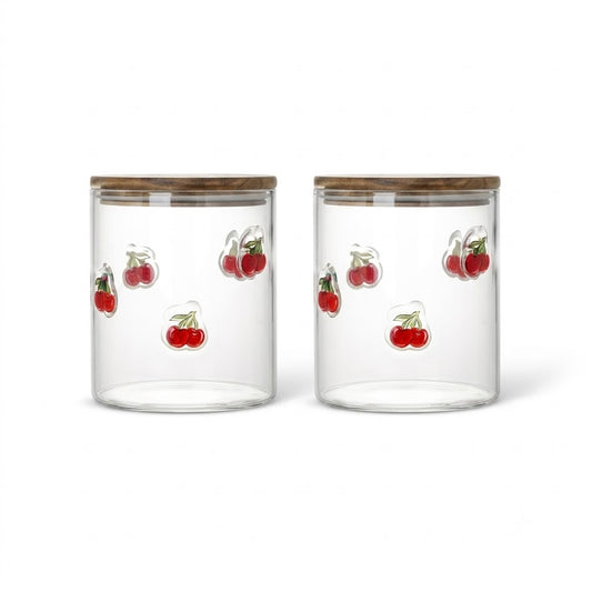 Juego de 2 botes de vidrio de 27 oz con tapa de acacia - Icono de cereza