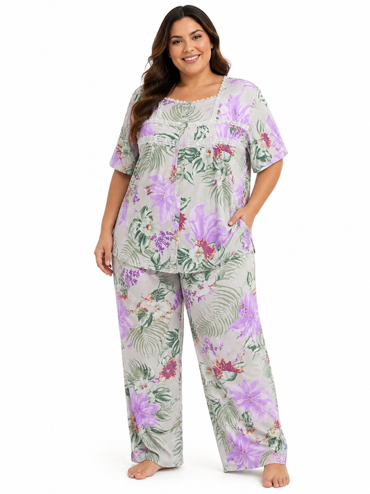 Plus 2PC Top / Capri Pj Set w/Crochet Trim Floral Grey-Purple