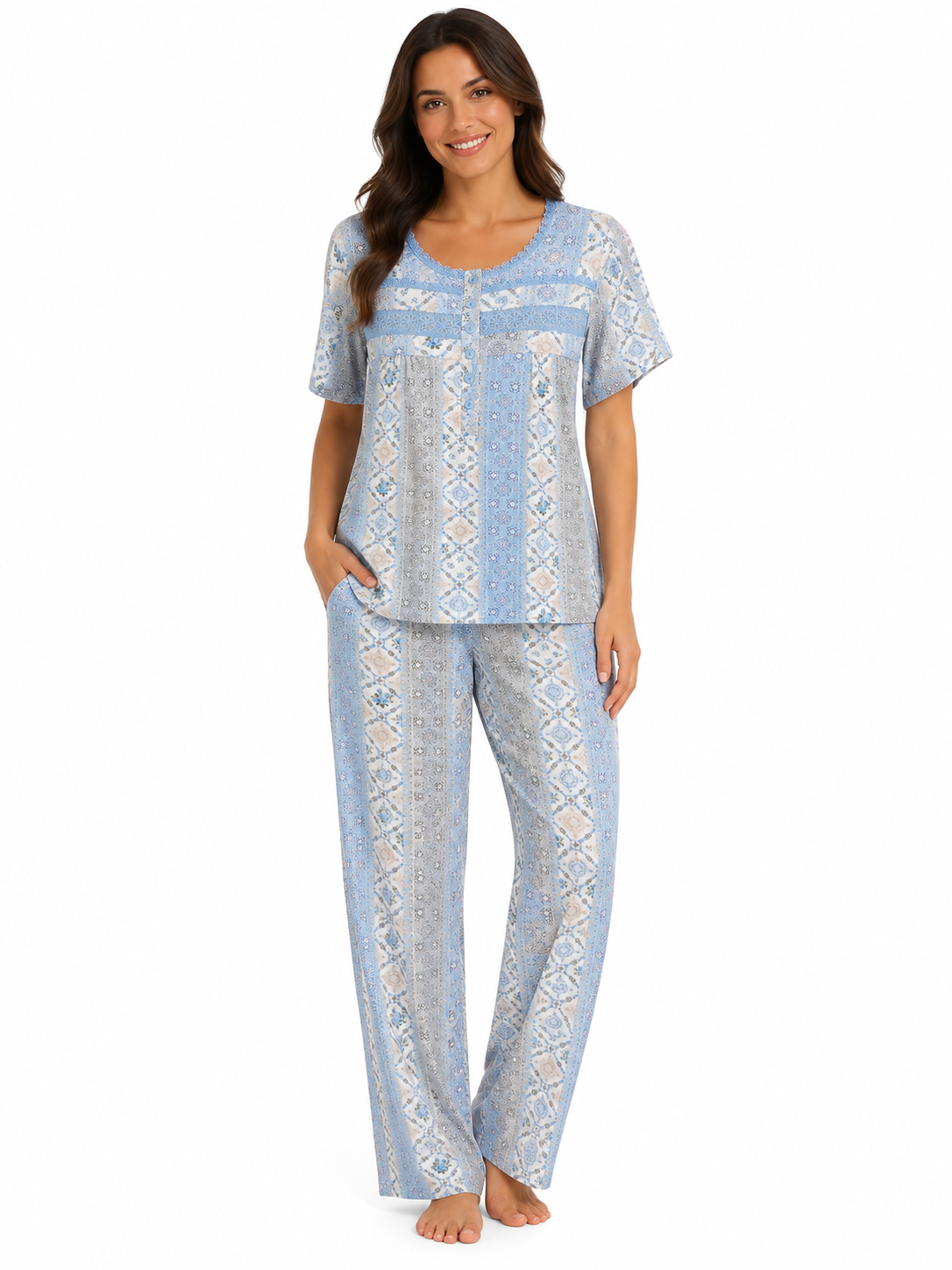 Missy Pant Pj Set w / Lace & Bottoms , Doily Blue
