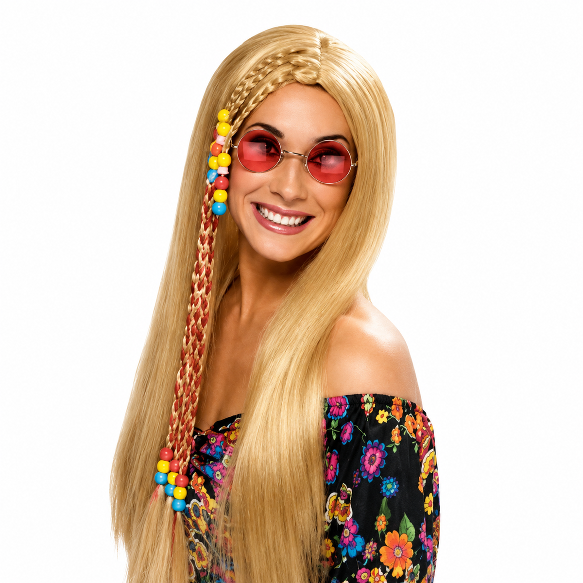 Retro 70s Blonde Hippie Wig with Braids and Beads