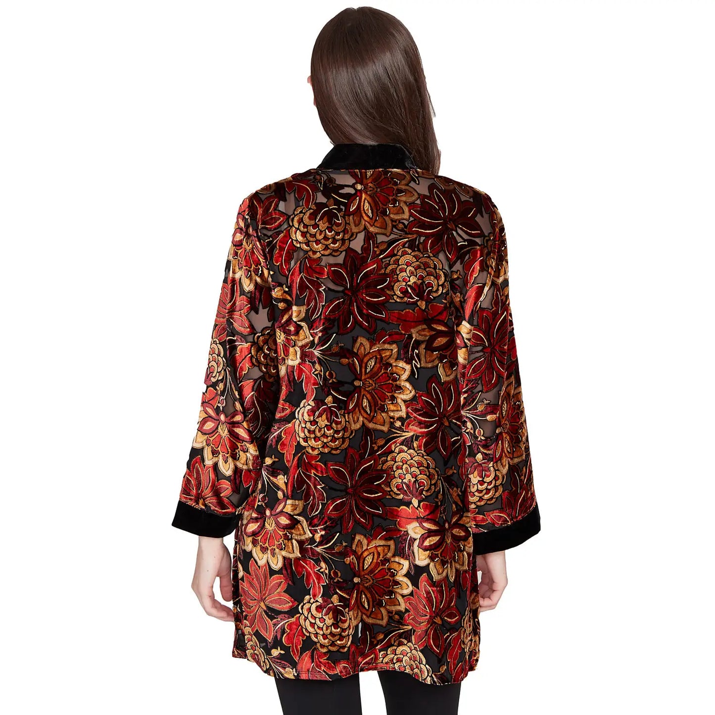 Printed Velvet Burnout Open Cardigan Cherry - Ruby Rd