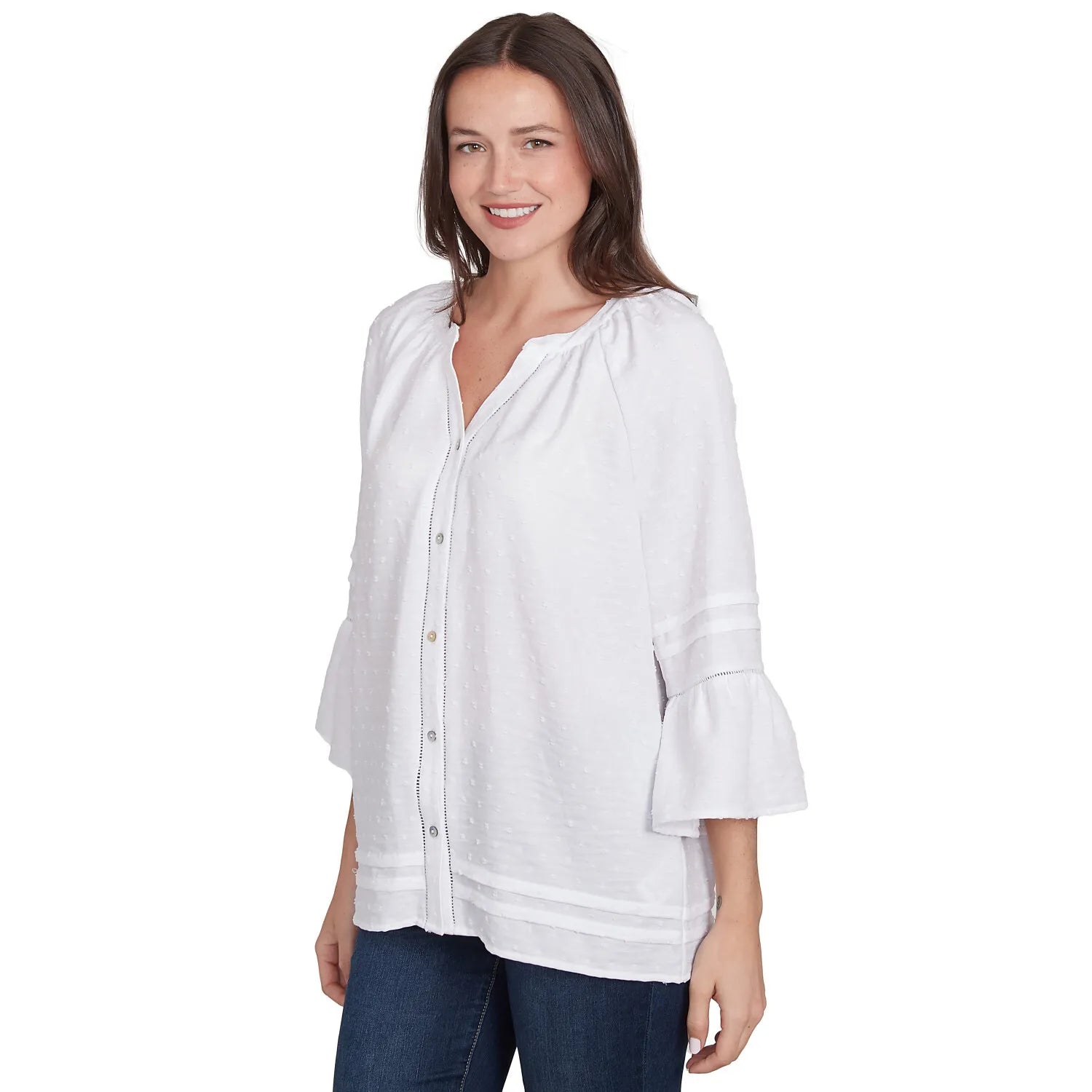 Clip Dot Button Front Flared Sleeve Top White - Ruby Rd
