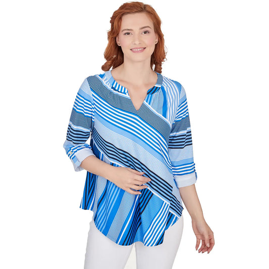 Split Neck Spliced Stripe Top With Roll Tab Sleeves - Ruby Rd