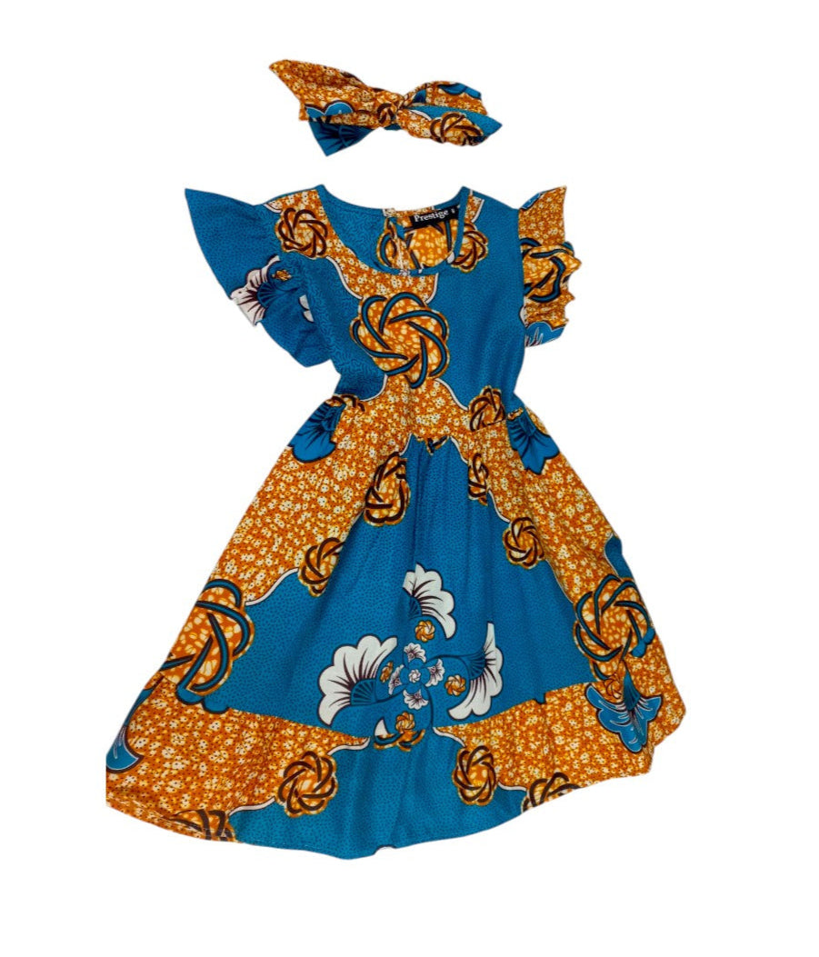 Vestido Niña Turquesa-Mostaza-Blanco ( Etnia Negra)