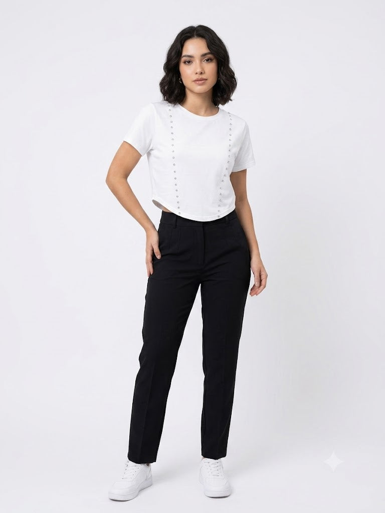 Front Jewel Jersey Scoop Bottom Crop Tee White