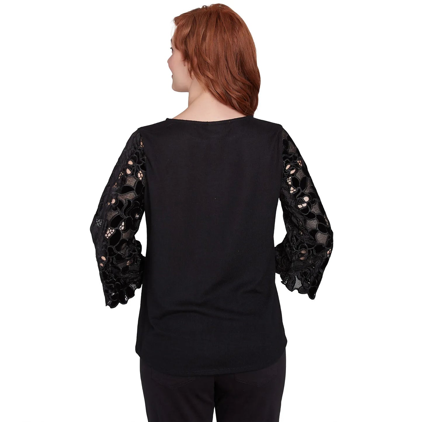 Velvet Rosette Lace Sleeve Bejeweled Solid Blouse - Ruby Rd