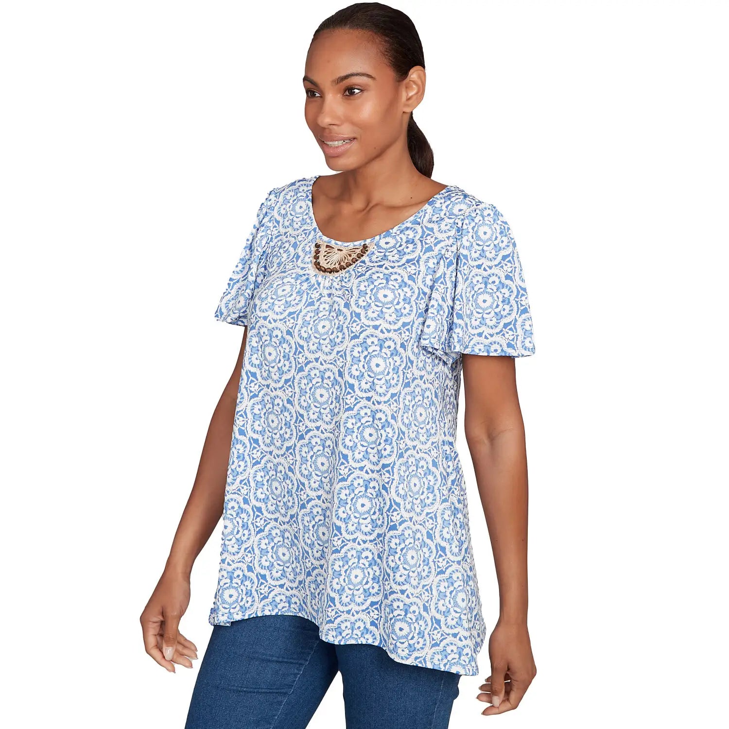 Beaded Macrame Puff Print Tee Blue Sky Multi - Ruby Rd
