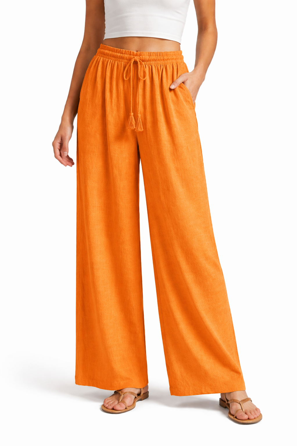 Elastic Waist Cropped wide Leg Pant  w/ Drawstring w/ Tassel Clementine- Ninety