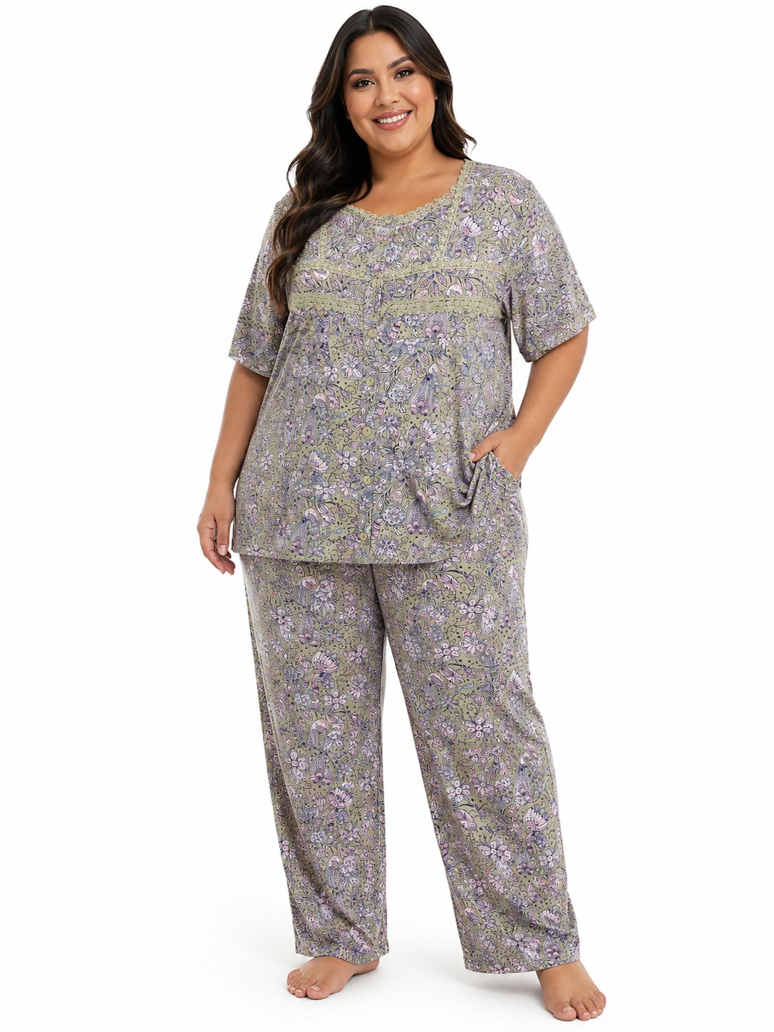 Plus  2PC Top / Capri Pj Set w/Crochet Trim Paisley Khaki