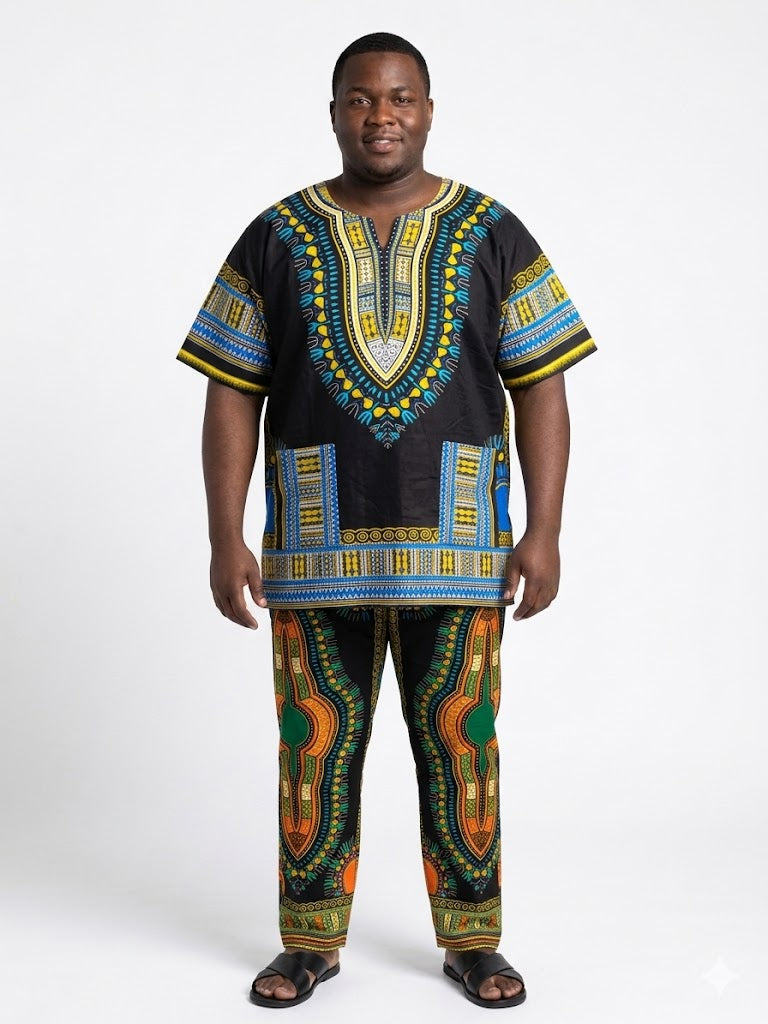 Plus Size Men Cotton Dashiki Black-Etnia Negra