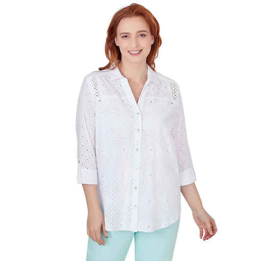Woven Diamond Cotton Top White  - Ruby Rd