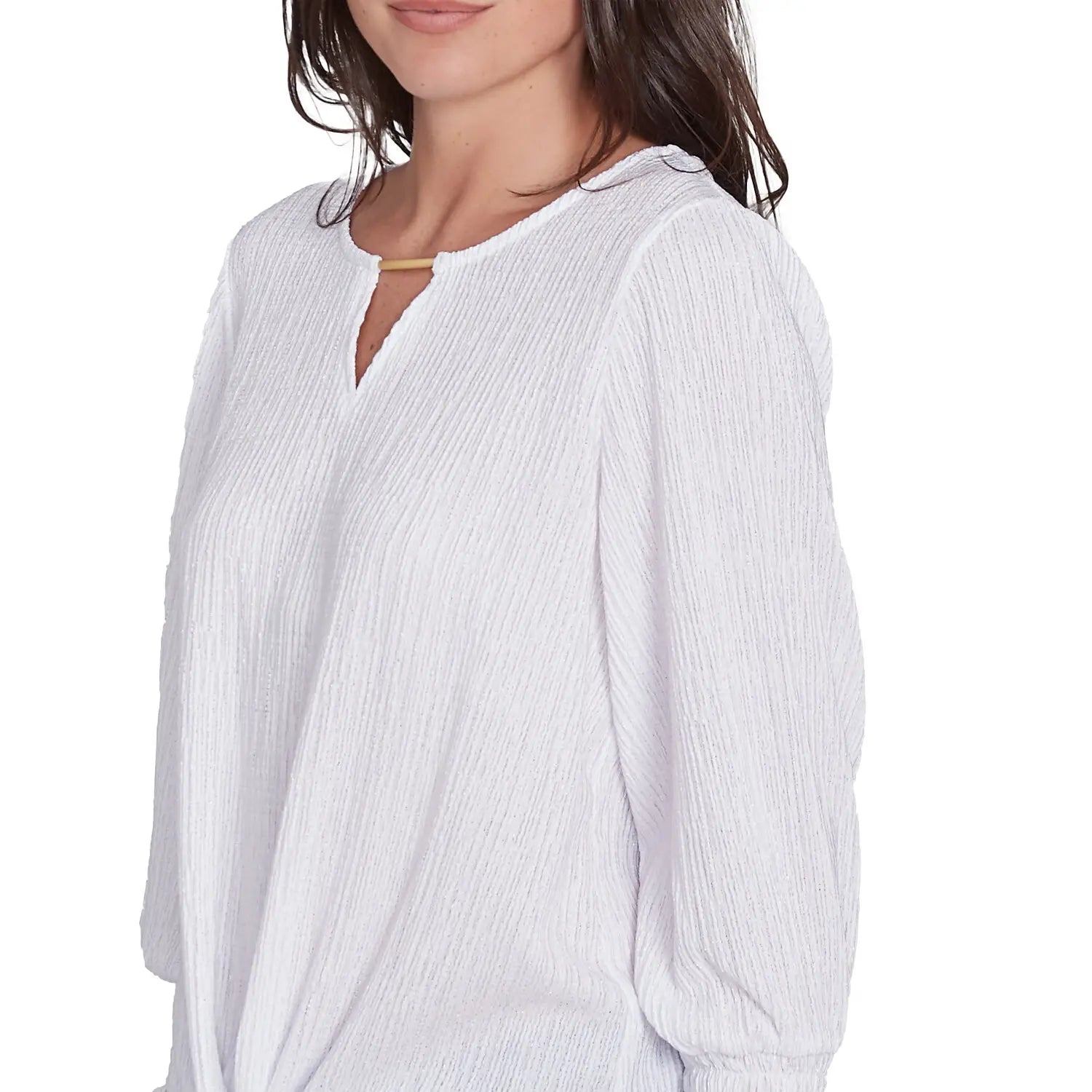 Solid Crinkle Shine Tie Front Top White    - Ruby Rd