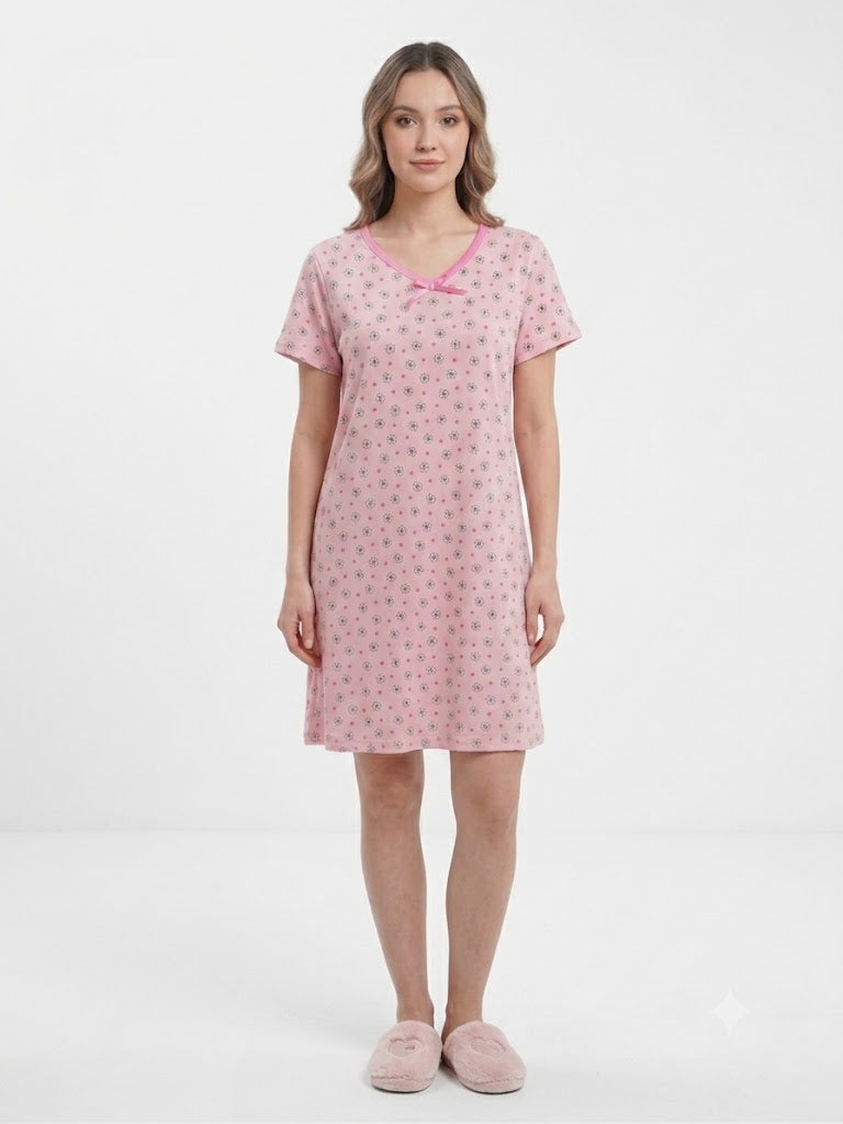 Ladies  V-Neck Nightgown FLOWERS PINK