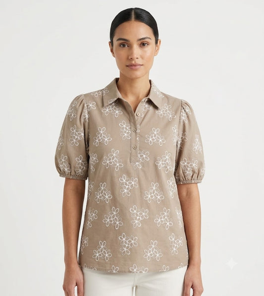 Embroidered Puff Sleeve Polo Oxford Tan
