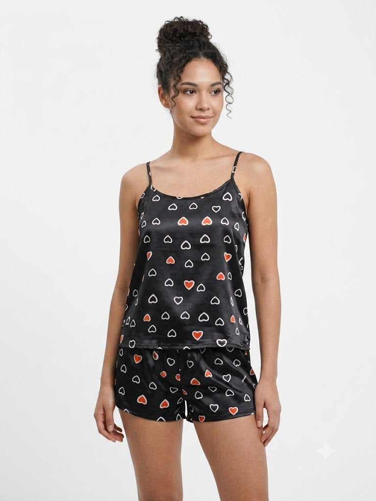 Ladies 2PC Satin Cami / Short PJ Set Black- Hearts