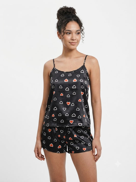 Ladies 2PC Satin Cami / Short PJ Set Black- Hearts