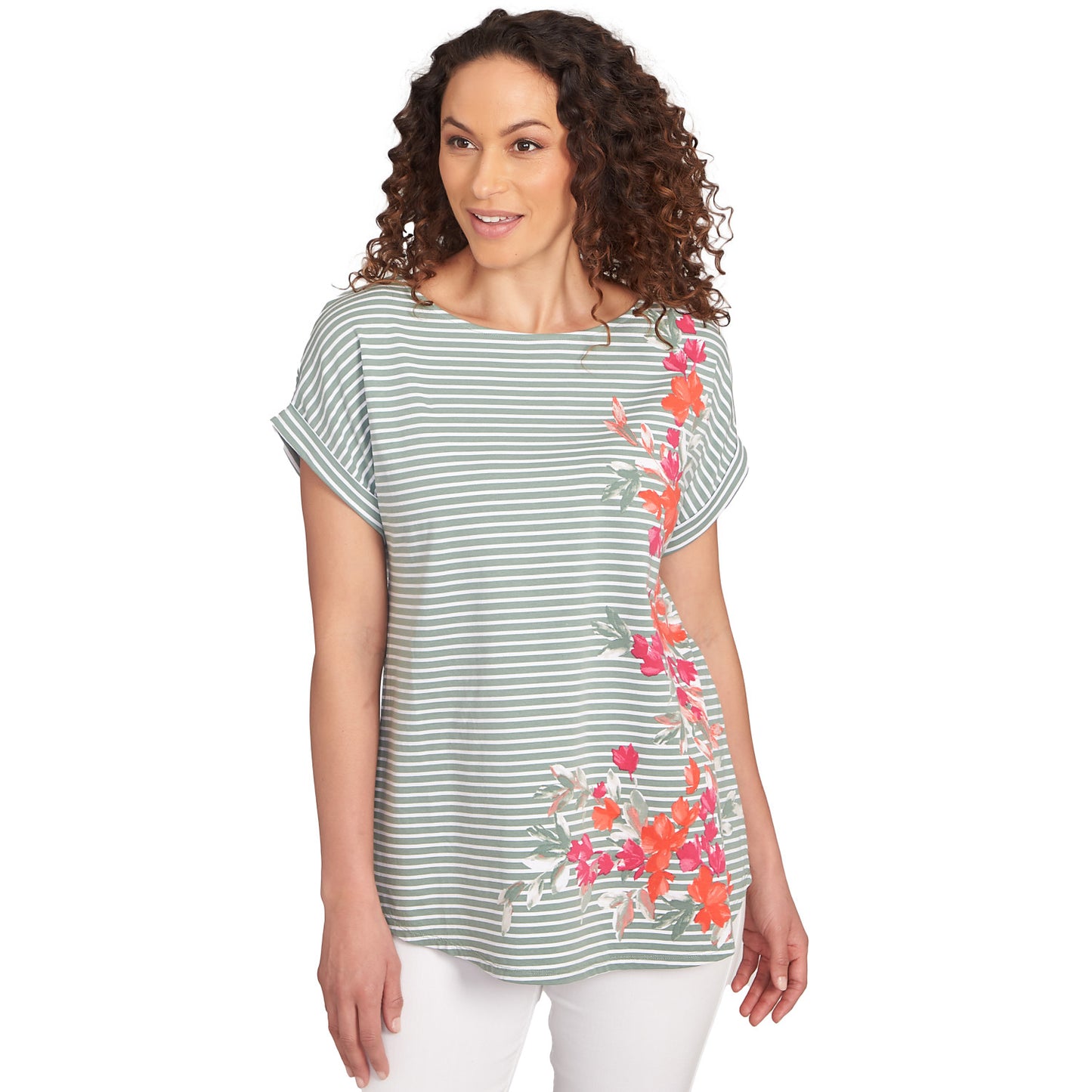 Floral Stripe Jersey Tee Bayleaf Multi  - Ruby Rd