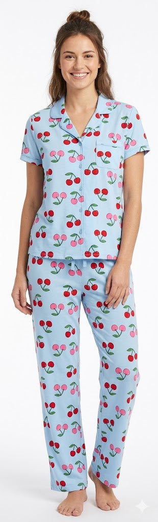 2PC Peached Jersey Sleep Sets Cherry Light Blue