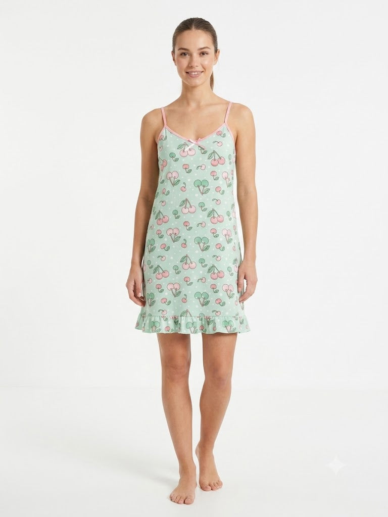 Ladies Chemise w / ADJ Straps Prints PINK AND GREEN CHERRIES